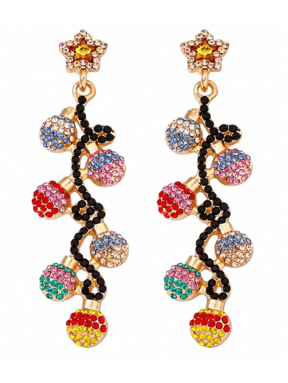 18K Gold GP Rhinestone Christmas Light Bulb Holiday Dangle Statement Earrings